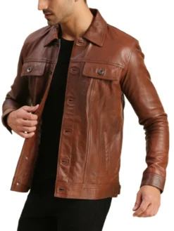 Brown Mens Leather Trucker Jacket Closure