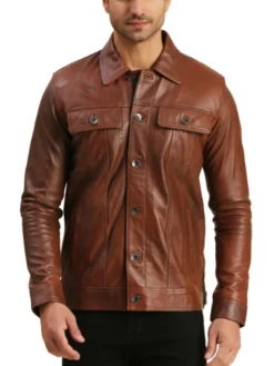 Brown Mens Leather Trucker Jacket Front