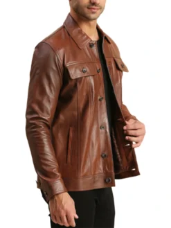 Brown Mens Leather Trucker Jacket Left