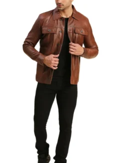 Brown Mens Leather Trucker Jacket Stand Up