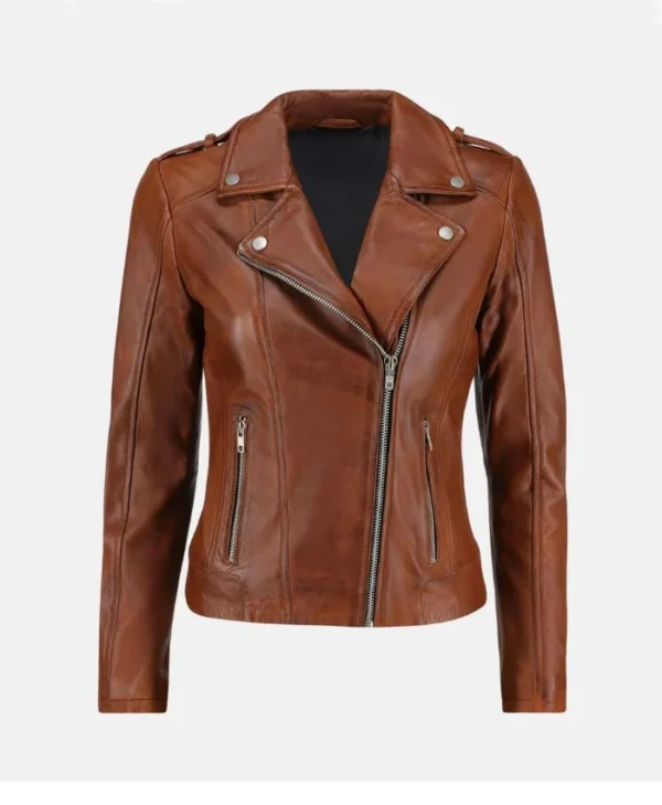 Brown Womens Classic Biker Leather Jacket 1
