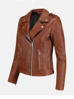 Brown Womens Classic Biker Leather Jacket Right Side