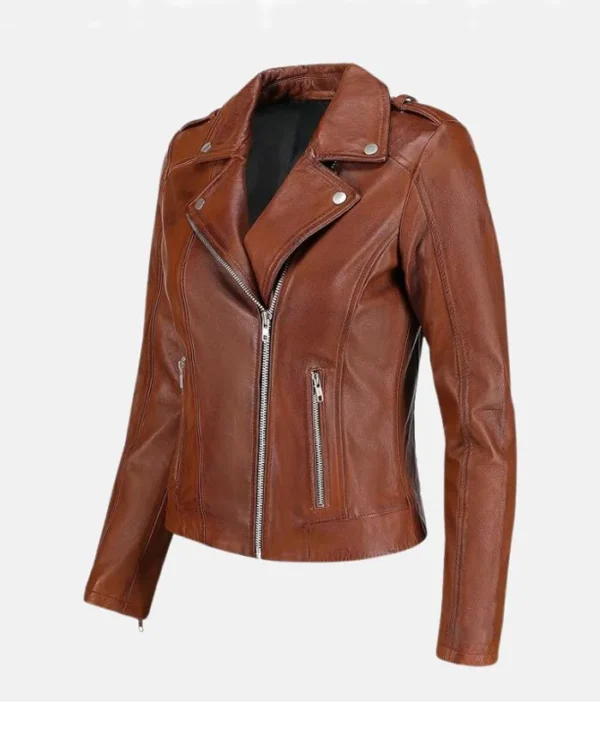 Brown Womens Classic Biker Leather Jacket Right Side