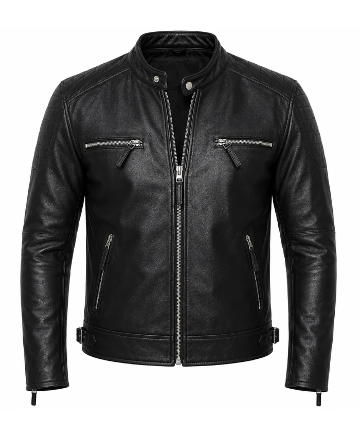 Men’s Quilted Black Leather Cafe Racer Jacket For Sale