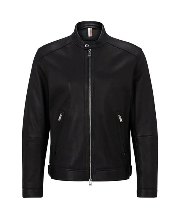 Casual Mens Black Cafe Racer Leather Jacket Front