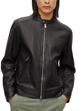 Casual Mens Black Cafe Racer Leather Jacket Main
