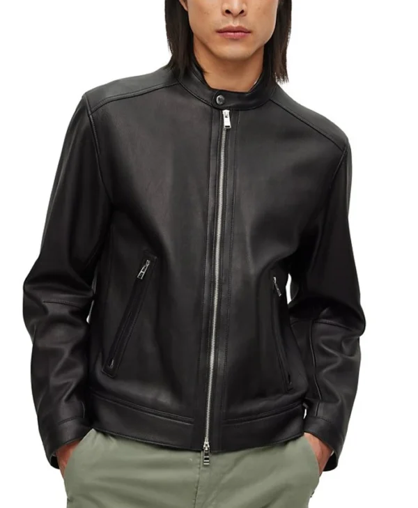 Casual Mens Black Cafe Racer Leather Jacket Main