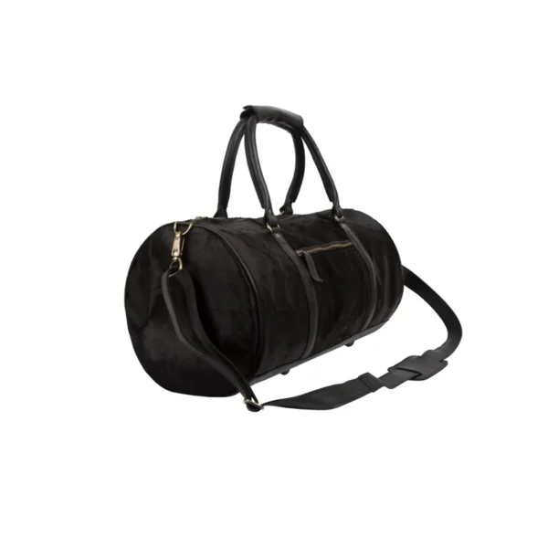 Classic Mens Black Leather Cowhide Duffle Bag Side