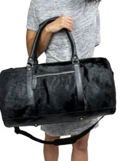 Classic Mens Black Leather Cowhide Duffle Bag Stand