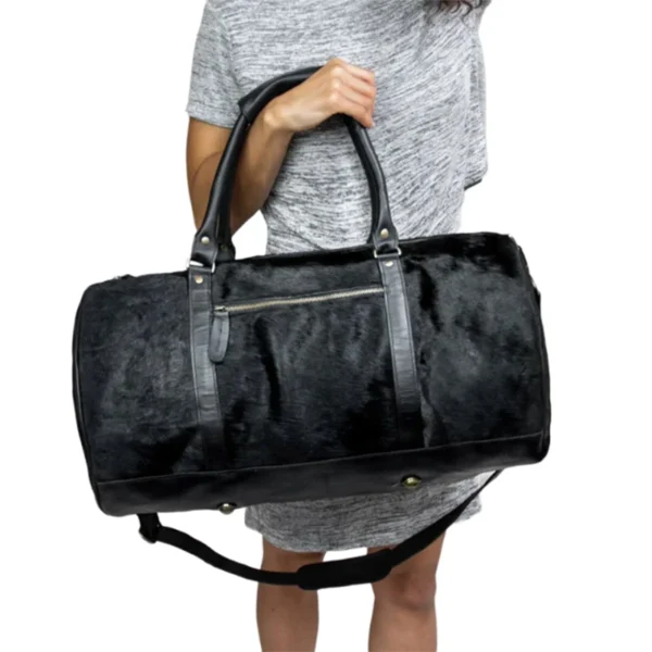 Classic Mens Black Leather Cowhide Duffle Bag Stand