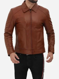 Classic Vintage Brown Leather Jacket Stand Up