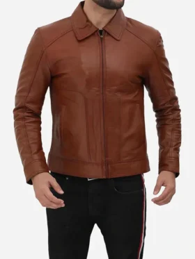 Classic Vintage Brown Leather Jacket Stand Up