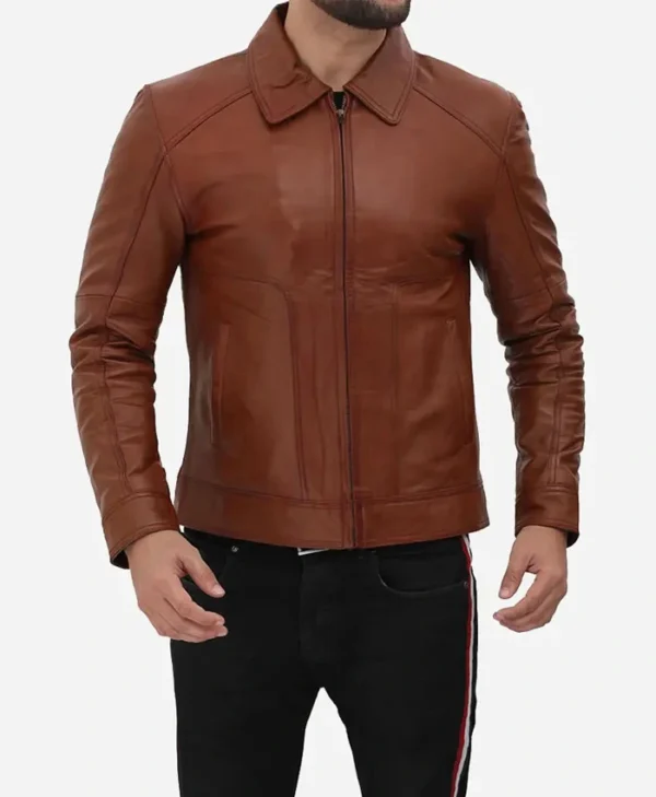 Classic Vintage Brown Leather Jacket Stand Up
