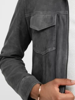 Dark Grey Suede Shirt Mens Jacket Pockets