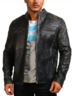 David Distressed Leather Motorcycle Jacket Mens 1