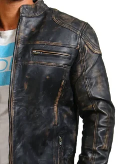 David Distressed Leather Motorcycle Jacket Mens Pockets