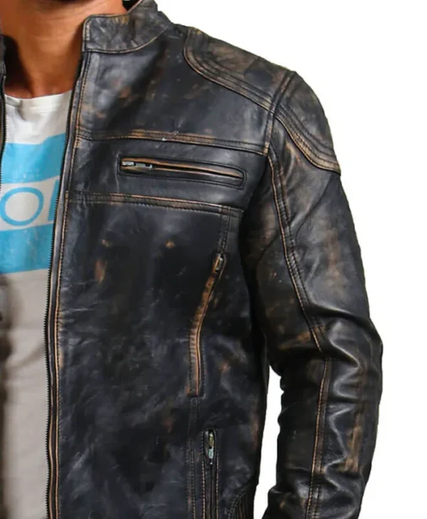 David Distressed Leather Motorcycle Jacket Mens Pockets