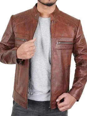 Dean Brown Mens Slim Fit Brown Leather Jacket Closure