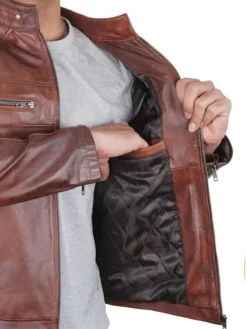 Dean Brown Mens Slim Fit Brown Leather Jacket Pocket