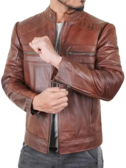 Dean Brown Mens Slim Fit Brown Leather Jacket Zipper