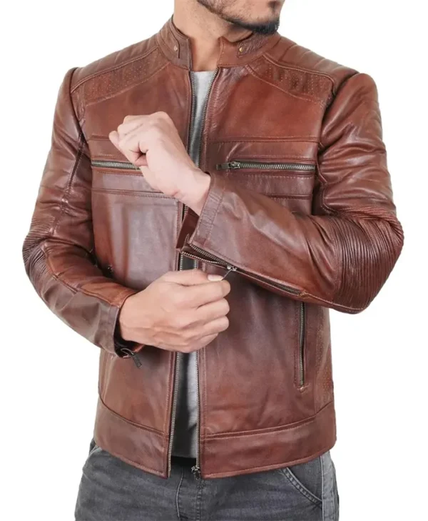 Dean Brown Mens Slim Fit Brown Leather Jacket Zipper
