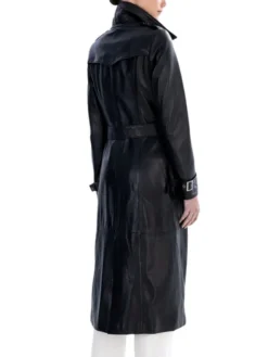 Double Breasted Leather Womens Black Trench Coat Back