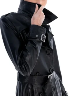 Double Breasted Leather Womens Black Trench Coat Belted