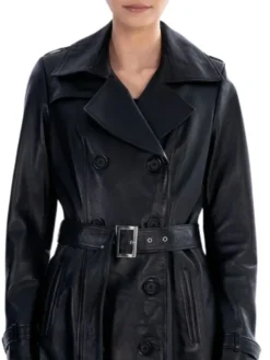 Double Breasted Leather Womens Black Trench Coat Collar