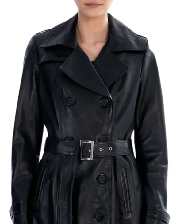 Double Breasted Leather Womens Black Trench Coat Collar