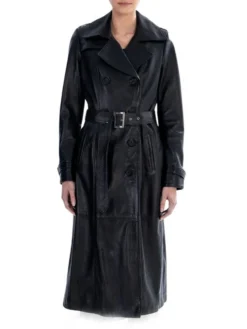 Double Breasted Leather Womens Black Trench Coat Main