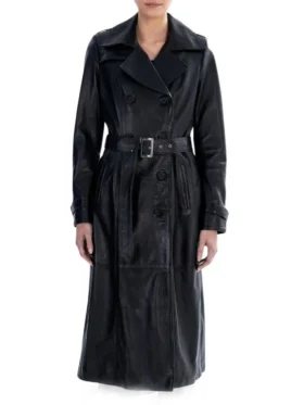 Double-Breasted Leather Womens Black Trench Coat Main