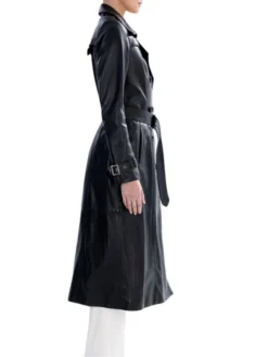 Double Breasted Leather Womens Black Trench Coat Right