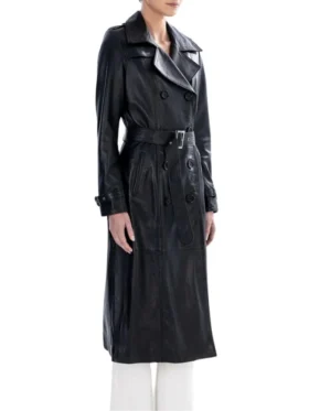 Double-Breasted Leather Womens Black Trench Coat Side