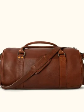 Duffle Style Brown Leather Travel Bag Belted