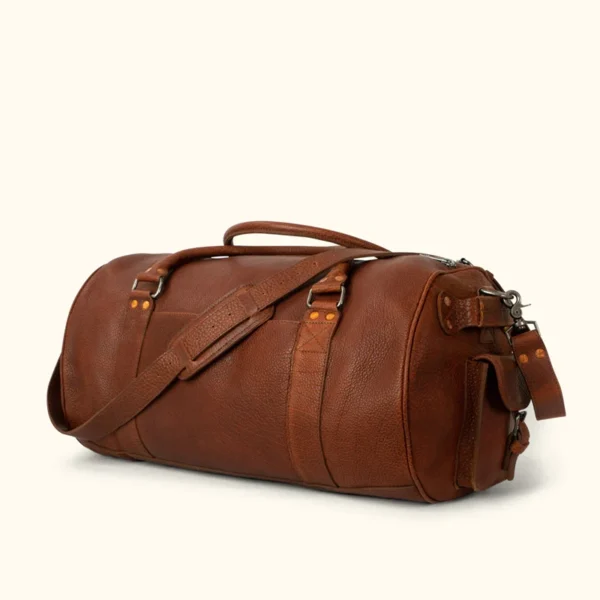 Duffle Style Brown Leather Travel Bag Side