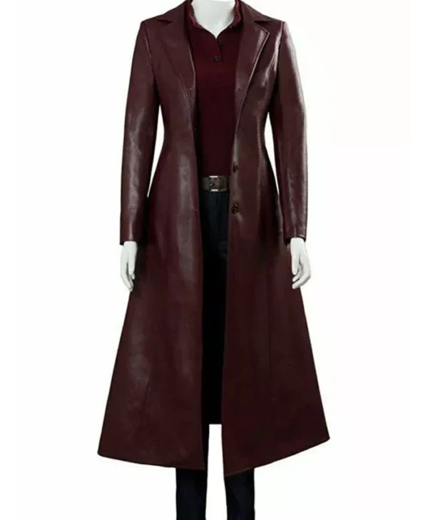 Elena Dark Maroon Leather Trench Coat Main