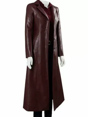 Elena Dark Maroon Leather Trench Coat Side