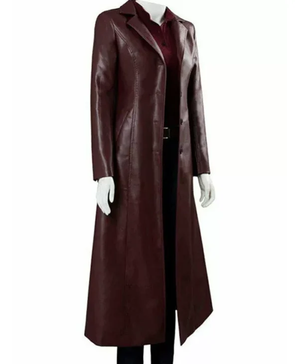 Elena Dark Maroon Leather Trench Coat Side