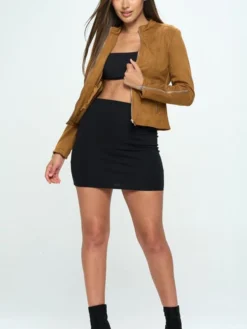 Elena Women Brown Suede Biker Jacket Stand Up