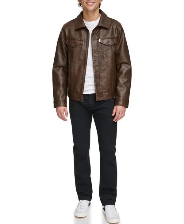 Ezra Men Leather Brown Jacket Stand Up