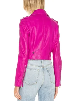 Fuchsia Leather Womens Classic Biker Jacket Back