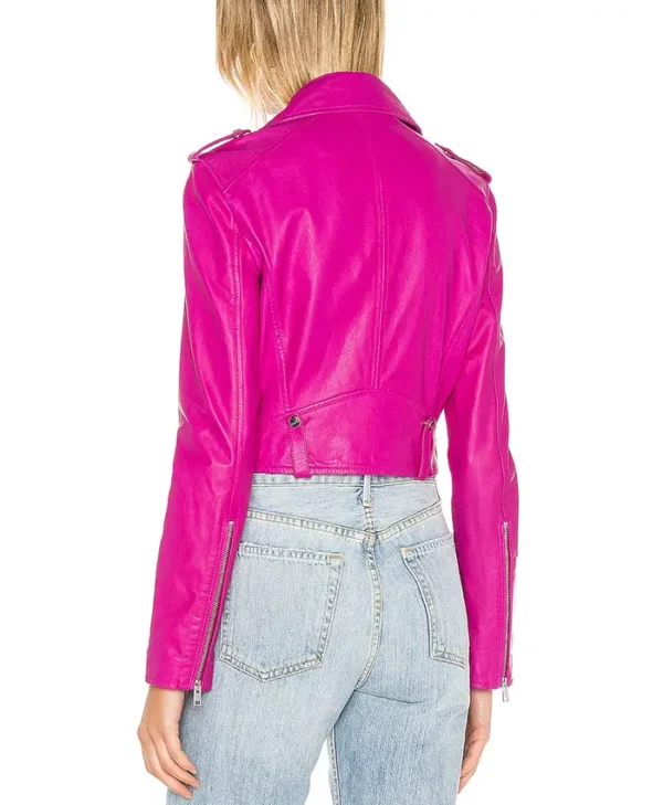 Fuchsia Leather Womens Classic Biker Jacket Back