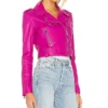 Fuchsia Leather Womens Classic Biker Jacket Left Side