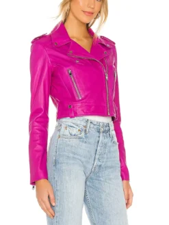 Fuchsia Leather Womens Classic Biker Jacket Left Side