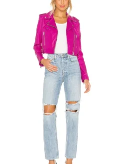 Fuchsia Leather Womens Classic Biker Jacket Walk