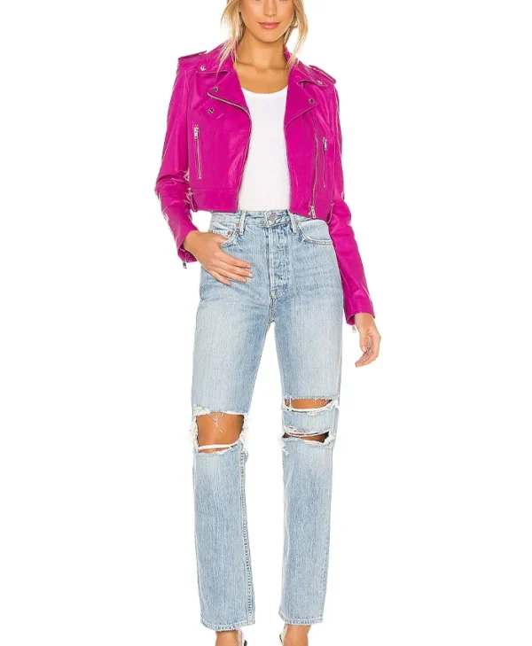 Fuchsia Leather Womens Classic Biker Jacket Walk