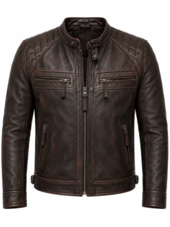 Men’s Distressed Brown Leather Motorcycle Jacket For Sale