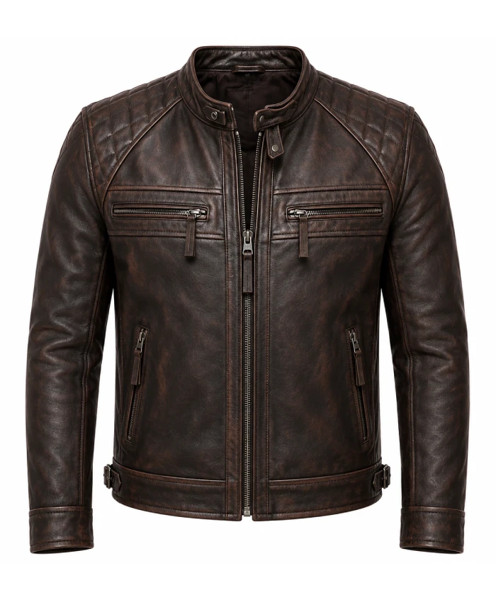 Men’s Distressed Brown Leather Motorcycle Jacket For Sale