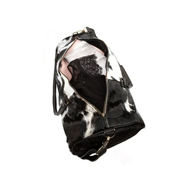 Handmade Black And White Leather Cowhide Duffle Bag Closure