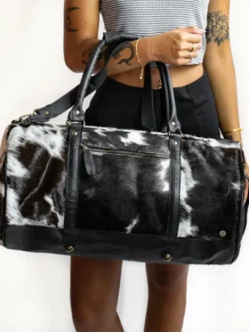 Handmade Black And White Leather Cowhide Duffle Bag Standout